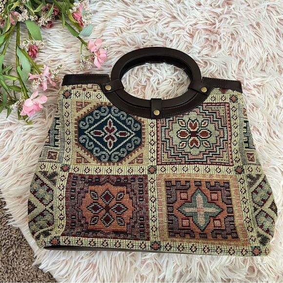 Relic Vintage Green Maroon Orange Brown Tapestry Boho Handbag Southwestern - Picture 1 of 11